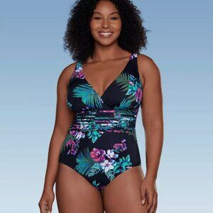 Waist Detail Over the Shoulder One Piece Swimsuit - Aqua Green® Black Floral L
